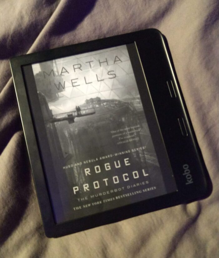 cover for Rogue Protocol shown in greyscale on kobo ereader