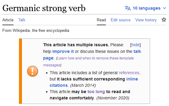 Screenshot of the warnings at the top of the "Germanic strong verb" wiki page including a note that "This article may be too long to read and navigate comfortably."