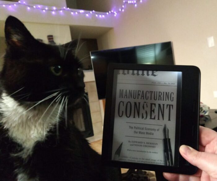cover for Manufacturing Consent shown on ereader. Huey appears in profile, apparently looking at the book.