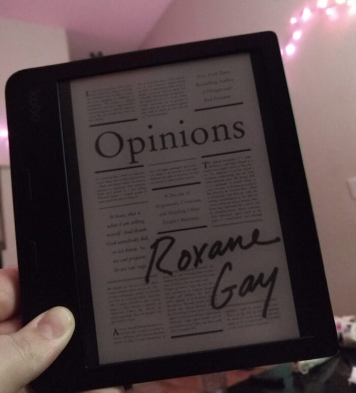 book cover of Opinions by Roxane Gay shown on kobo ereader