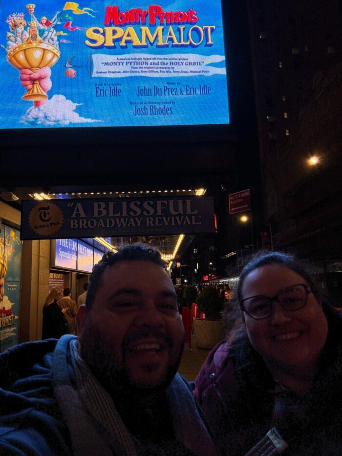 Lito and I in front of the Spamalot sign outside of the theater