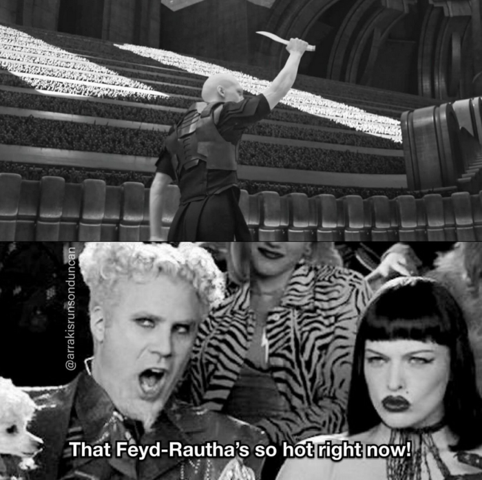 Screenshot from Dune 2 with Feyd Rautha holding his knife in the air in the arena. A second screenshot from Zoolander, edited to black and white with the caption "That Feyd-Rautha's so hot right now."