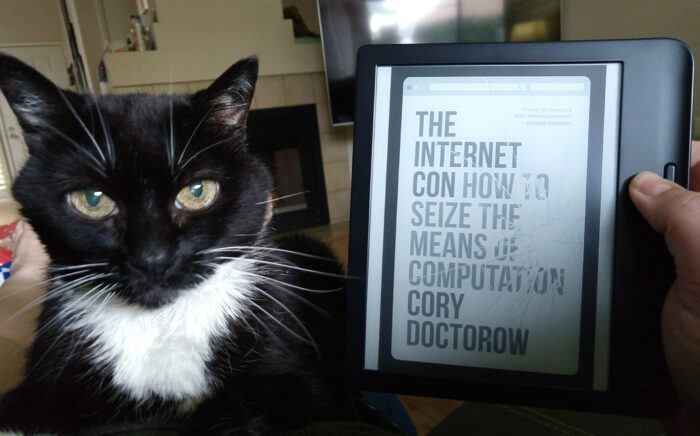 cover for The Internet Con: How to Seize the Means of Computation shown on Kobo ereader. Huey the cat is next to the book.