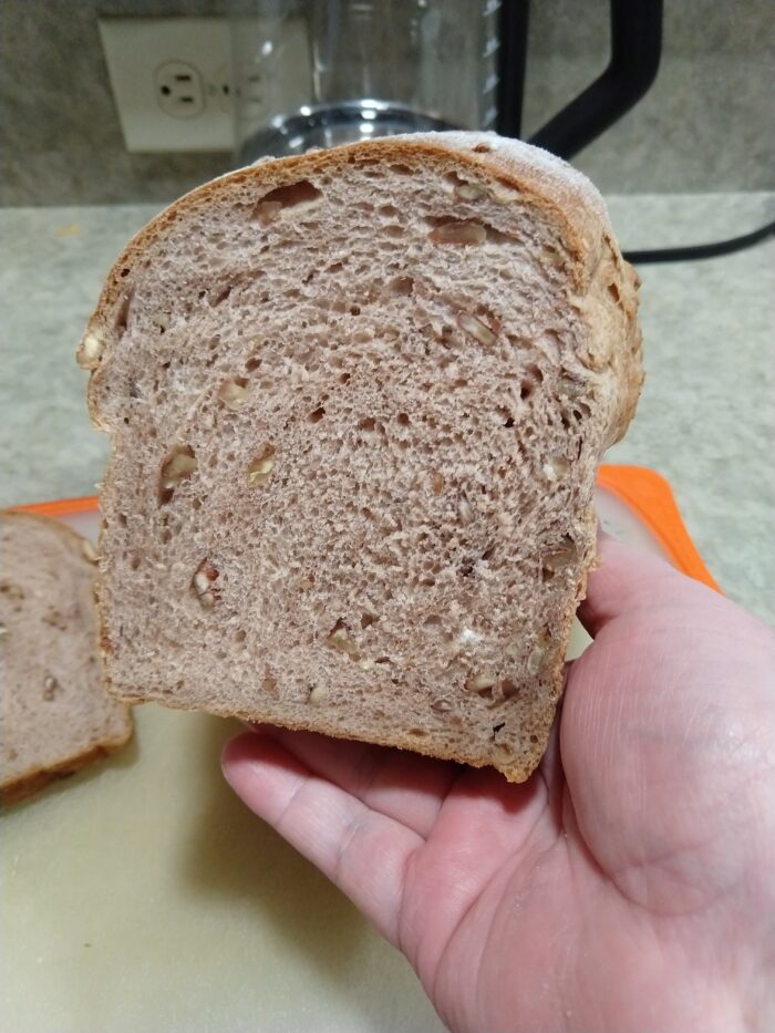 cross-section of a freshly baked loaf of bread studded with pecans