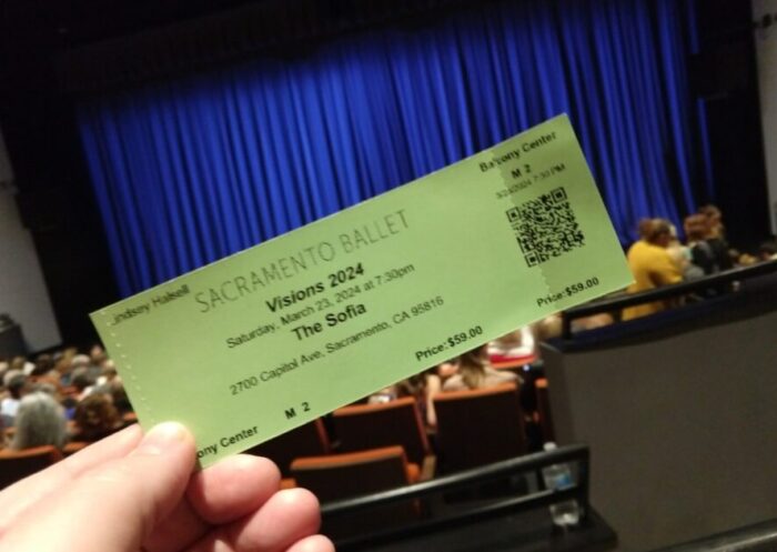 Ticket for Sacramento Ballet Visions 2024 with the stage curtain closed in the background