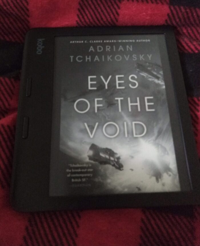 book cover for Eyes of the Void shown in grayscale on kobo ereader