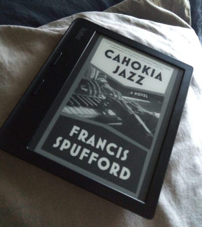 cover for Cahokia Jazz shown in greyscale on kobo ereader