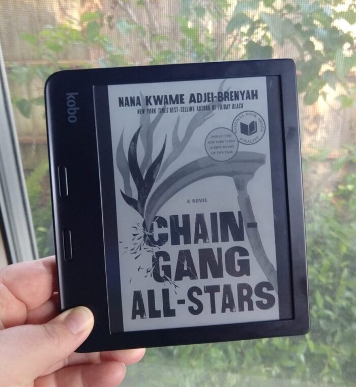 cover for Chain Gang All-Stars shown in greyscale on kobo ereader