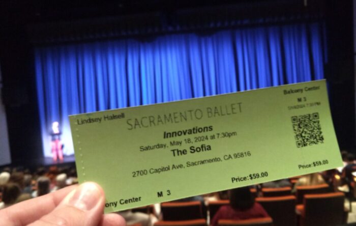 A ticket for Sacramento Ballet's Innovations. Stage with the curtain down in the background