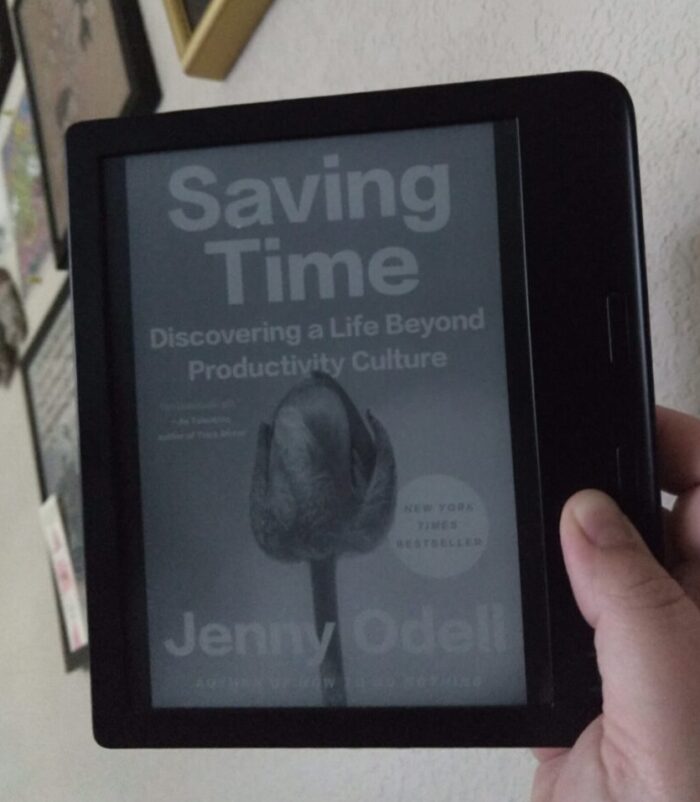 book cover shown on kobo ereader – Saving Time: Discovering a Life Beyond Productivity Culture