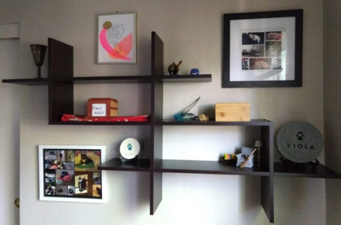 A wall-mounted shelf with containers for Huey and Viola's ashes, their paw prints, and pictures of them both