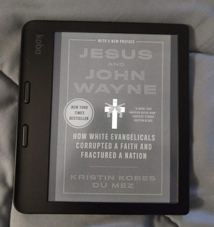 cover for Jesus and John Wayne shown on kobo ereader