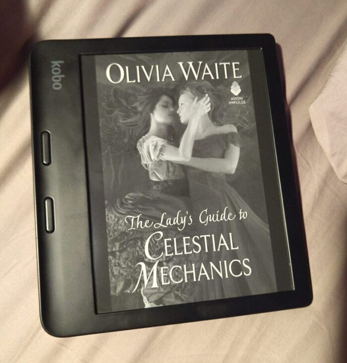 cover for The Lady's Guide to Celestial Mechanics in greyscale on Kobo ereader