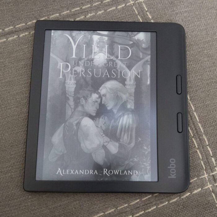 cover for Yield Under Great Persuasion shown in greyscale on kobo ereader