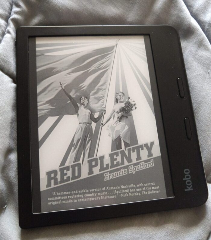 ebook cover for Red Plenty shown in greyscale on kobo ereader