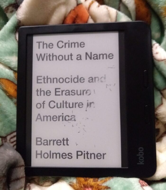 book cover for The Crime Without a Name: Ethnocide and the Erasure of Culture in America shown on kobo ereader