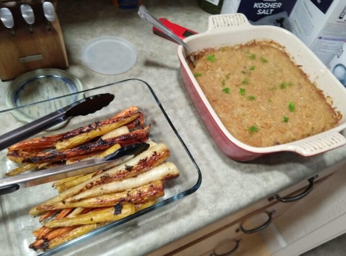 Roasted carrots and a bean and fennel gratin