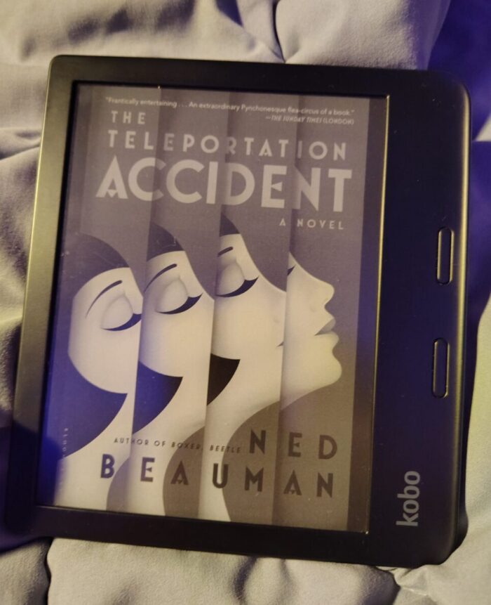 book cover for The Teleportation Accident shown on kobo ereader