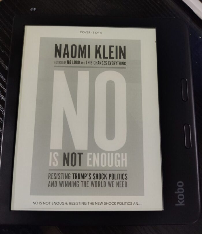 cover for the book No Is Not Enough shown on kobo ereader