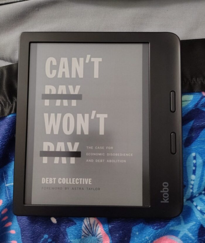 book cover of Can't Pay Won't Pay shown on kobo ereader