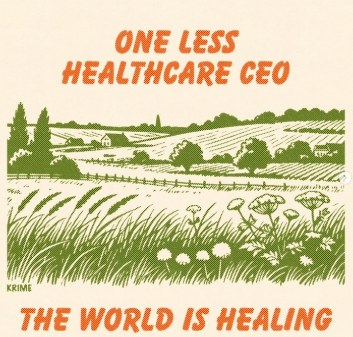 stylized illustration of a field with the text "One less healthcare CEO, the world is healing"