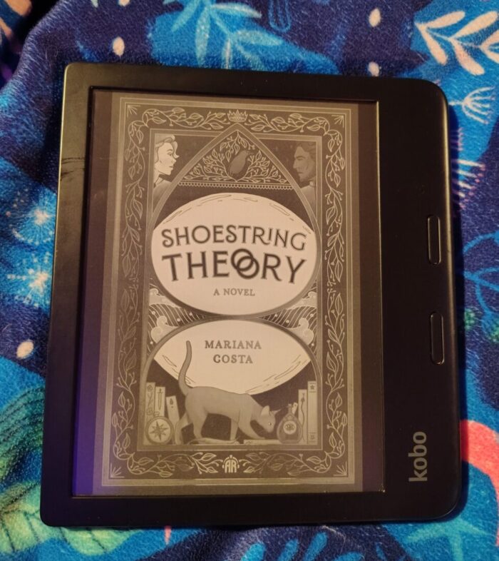 cover for the book Shoestring Theory shown on kobo ereader