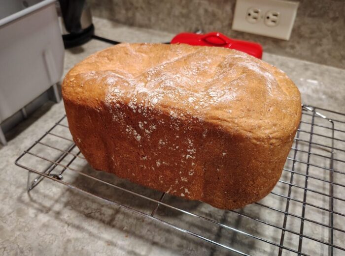 A fairly flat-topped loaf of bread recently extracted from the bread machine