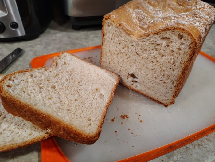 inside of the over-risen and subsequently collapsed loaf. The texture is very open.