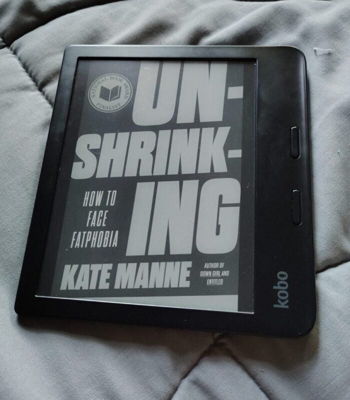 cover for Unshrinking: How to Face Fatphobia shown on kobo ereader