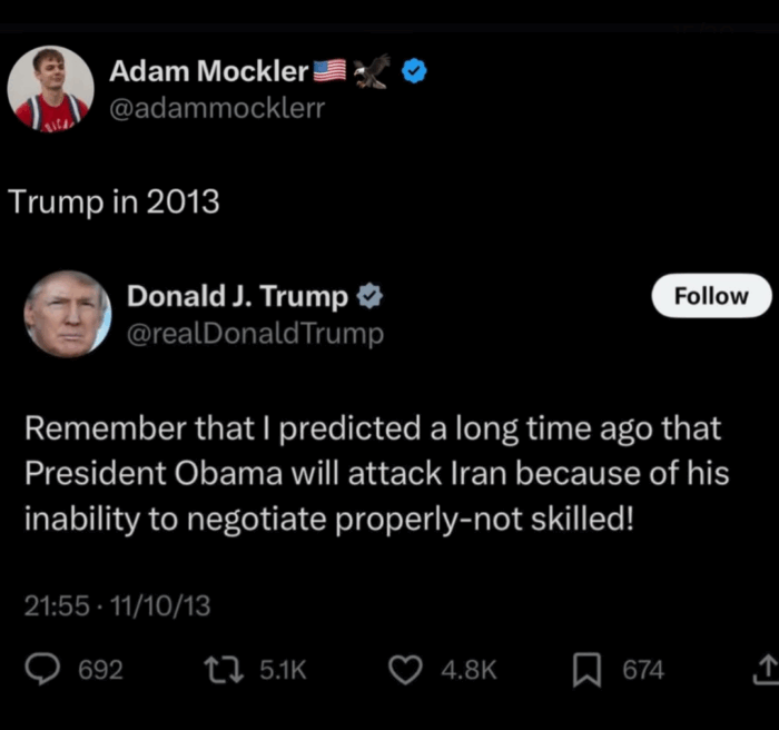 A tweet by Donald Trump dated November 10, 2013 that states "Remember that I predicted a long time ago that President Obama will attack Iran because of his inability to negotiate properly. Not skilled!"
