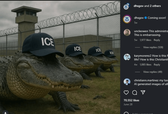 Instagram post from DHS and the Whitehouse of four alligators in a line, each wearing ICE caps. They are in front of what looks like a prison yard surrounding a barbed wire fence. DHS's caption says "Coming soon!"