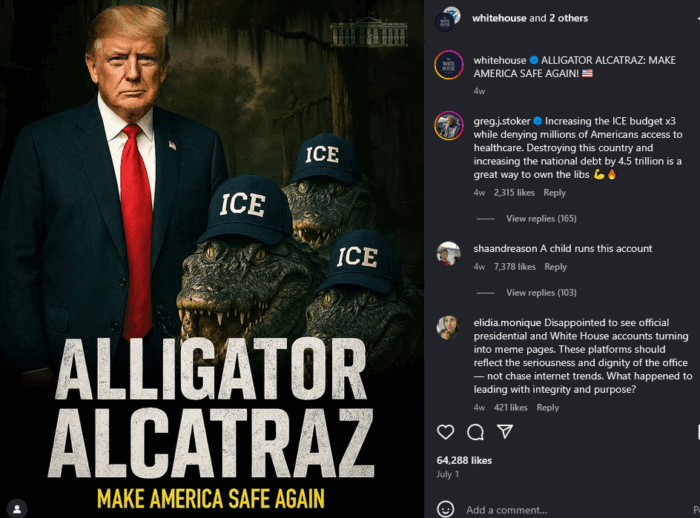 Instagram post from the WhiteHouse of Donald Trump standing next to three disembodied alligators wearing ICE caps. The image includes the text "Alligator alcatraz: make America safe again"