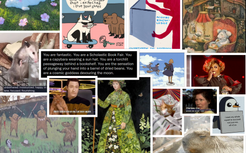 a collage of images representing my mood for the year, there are relaxed capybaras and capybaras doing revolution, a cat in a hammock, a comic about killing jeff bezos, and an opossum drinking ice water, among others