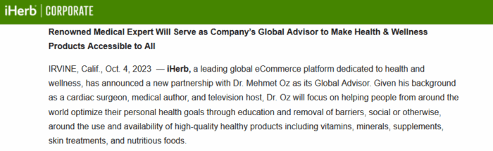 screenshot from the iHerb corporate website of the 10/4/2023 press release announcing Dr. Mehmet Oz as "Global Advisor"