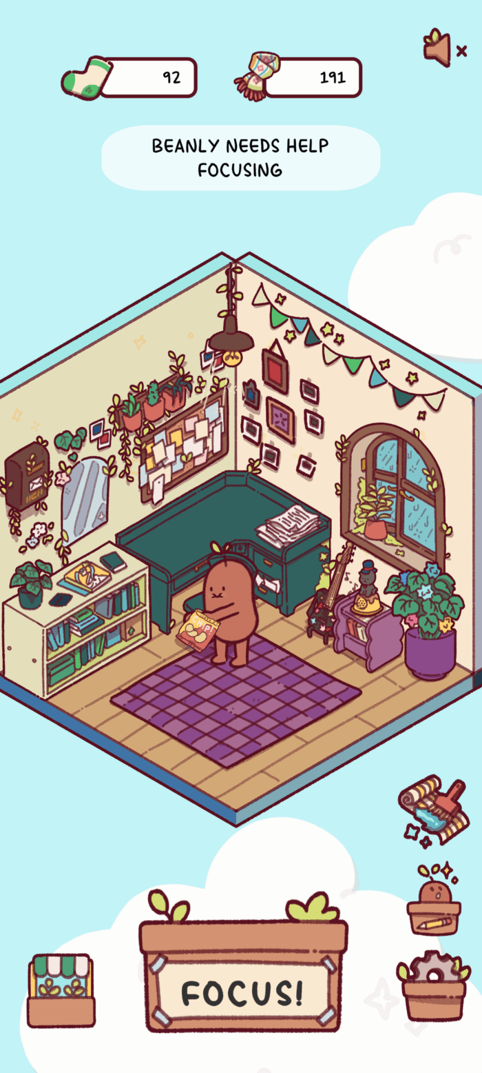 Screenshot of the focus friend app showing a little bean character in a highly decorated room