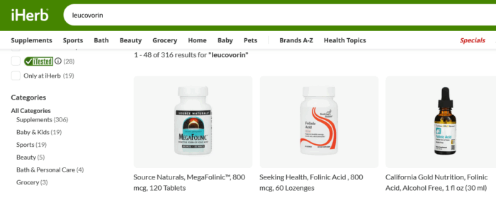 Screenshot of search results for "leucovorin" on the iHerb website, taken on 09/24/2205. The Image shows three varieties of folinic acid out of 316 results.