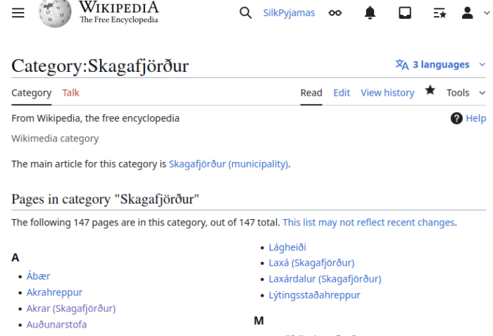 Screenshot of the Skagafjörður category on English Wikipedia. It currently lists 147 pages. 