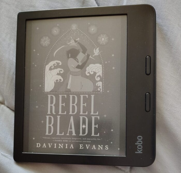 book cover for Rebel Blade shown on Kobo ereader