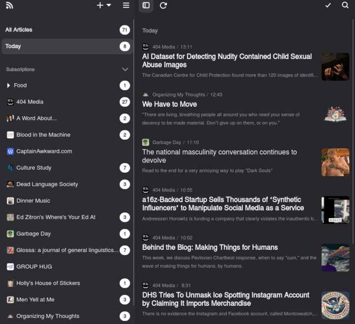 a screenshot of Newsflash on Linux, an RSS reader showing a partial list of my feeds and the day's articles