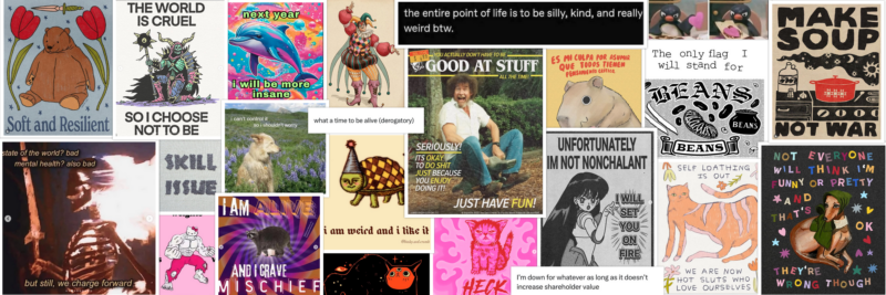 A collage of images to set the vibe for 2026. Including a fake magazine cover that says "you don't have to be good at stuff all the time", a "make soup not war" poster, a medieval-style turtle illustration with the caption "I am weird and I like it," a dolphin with a lisa frank style background that says "next year I will be more insane," and others