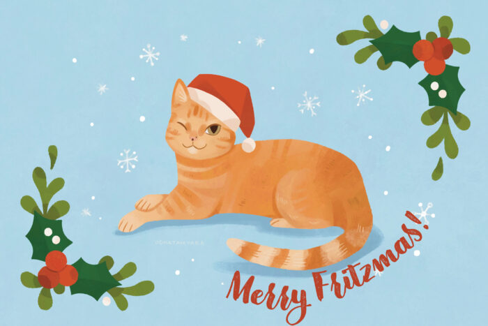 an illustration of my cat Fritz, front paws crossed and winking at the viewer. He is wearing a santa hat and the background is blue with snowflakes