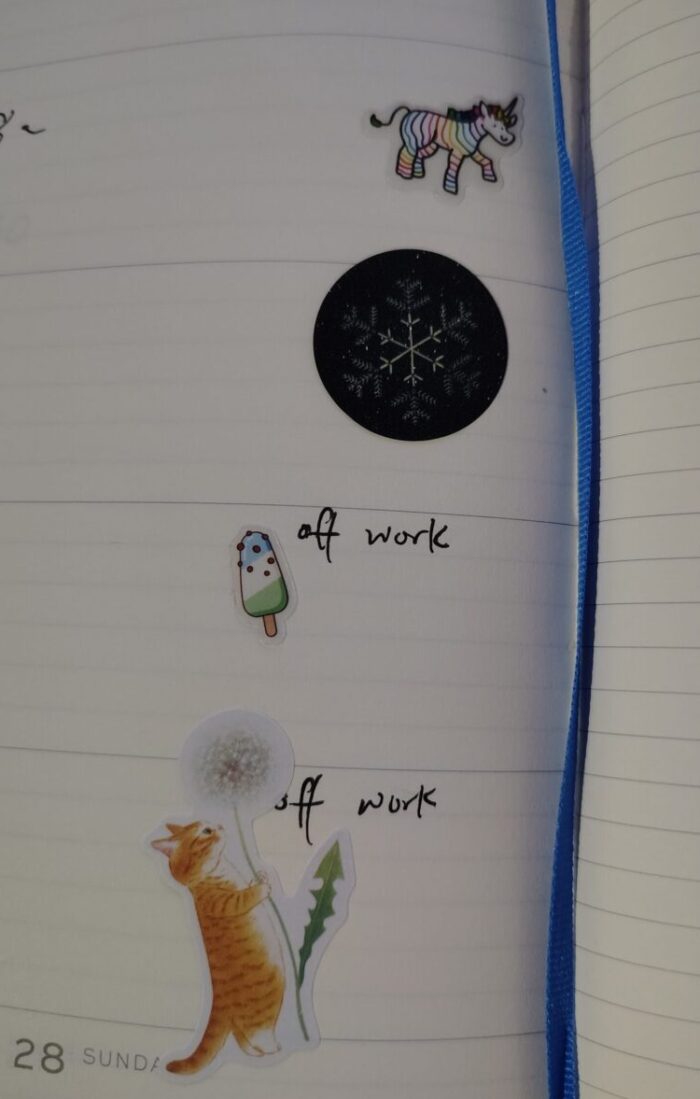 Daily planner with a small sticker on four of the days in a row: a rainbow-striped unicorn, snowflake, popsicle, and orange cat with a dandelion
