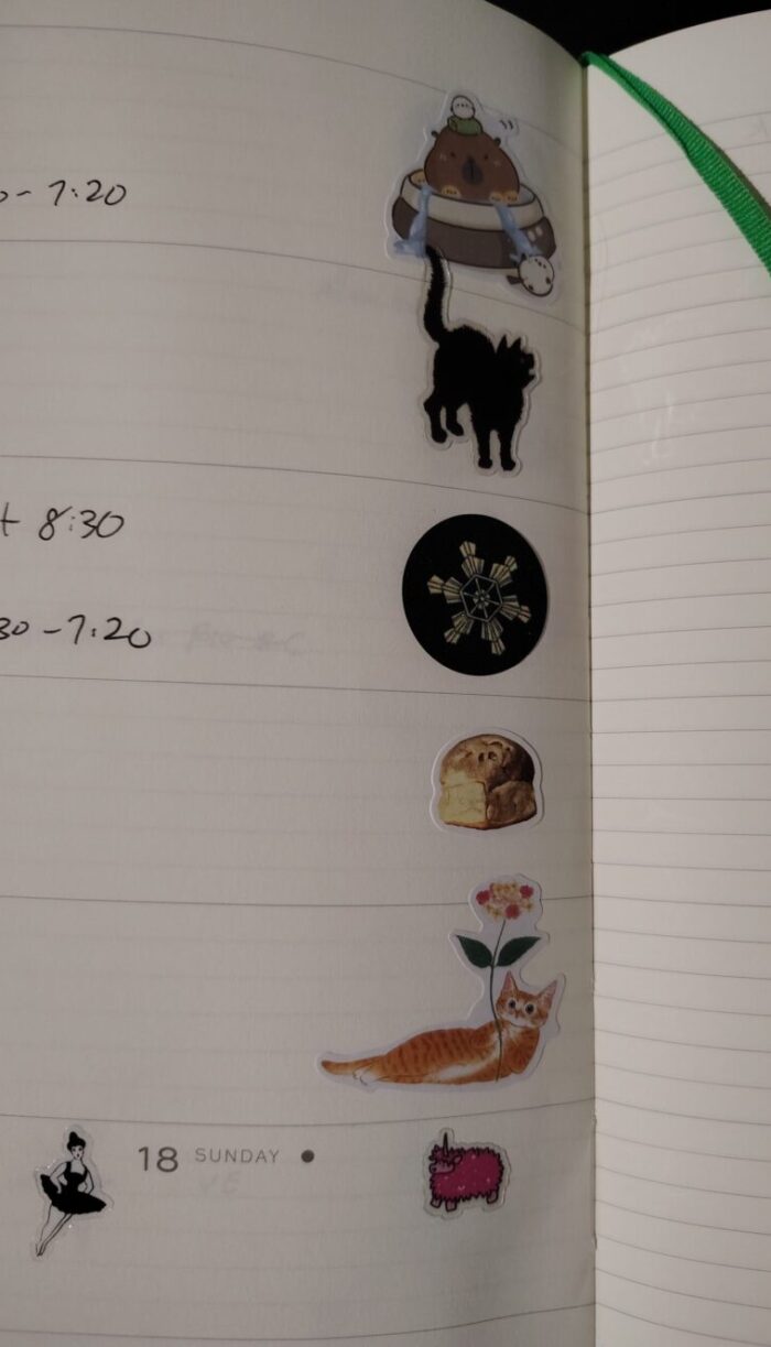 paper planner with stickers on each day. Stickers are: a capybara in a bath, a black cat, snowflake, biscuit, a cat with a flower, a ballerina, and a pink sheep unicorn