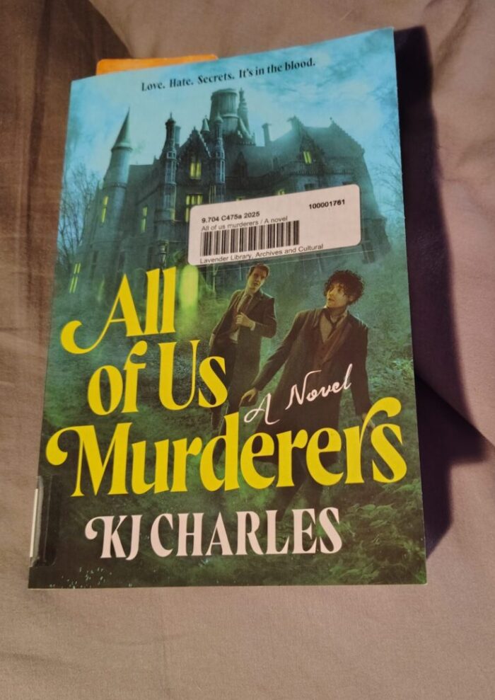cover of All of US Murderers featuring a gothic house looming in the background and a messy wet cat of a man plus a regular, put-together guy in the foreground