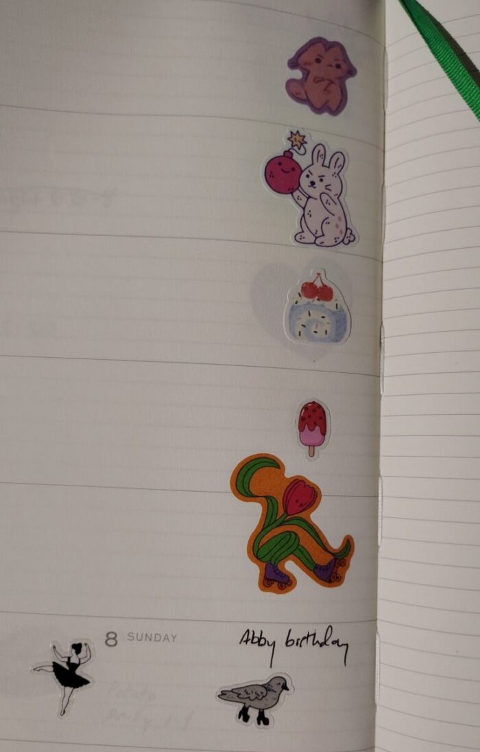 a week of stickers in my planner featuring an angry cat, a bunny with a bomb, a piece of cake, a popsicle, a plant on roller skates, and a pigeon wearing platform boots