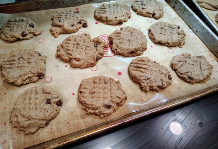 a pan of chocolate chip peanut butter cookies
