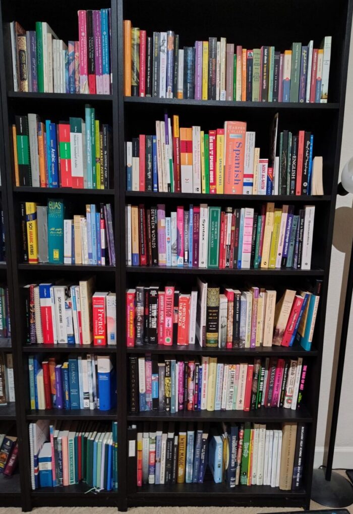 The language and non-fiction portion of my bookshelves, alphabetical by language then arranged into several non-fiction categories