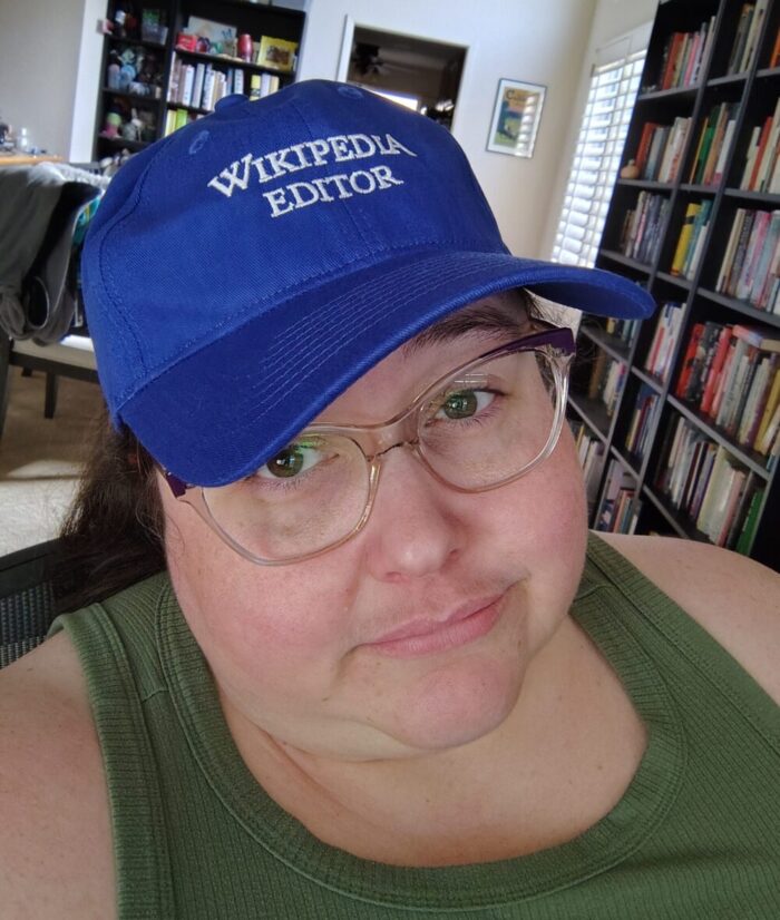 Me in my new "Wikipedia editor" hat. It is the blue of an unclicked hyperlink