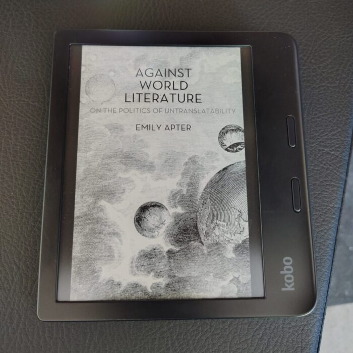 book cover for Against World Literature shown on kobo ereader