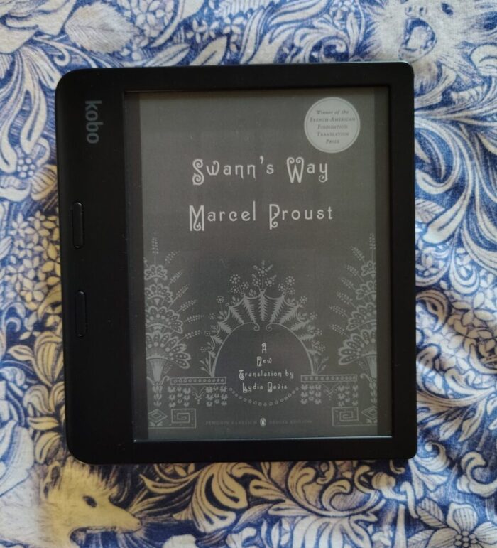 book cover for Swann's Way shown on kobo ereader